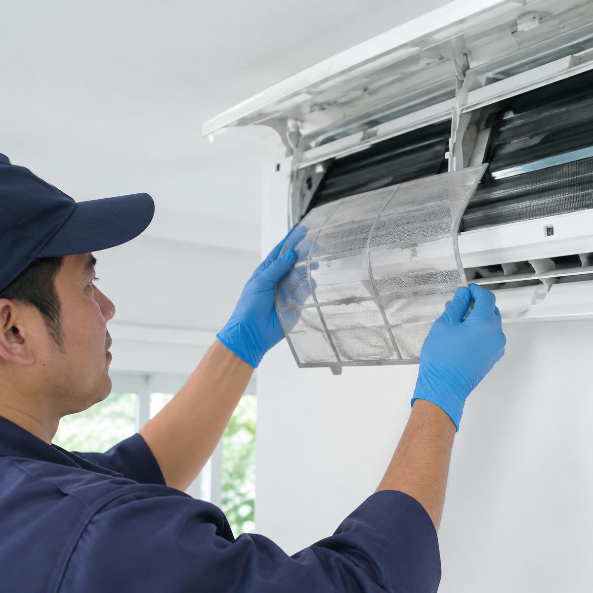 Técnico realizando manutenção em ar condicionado